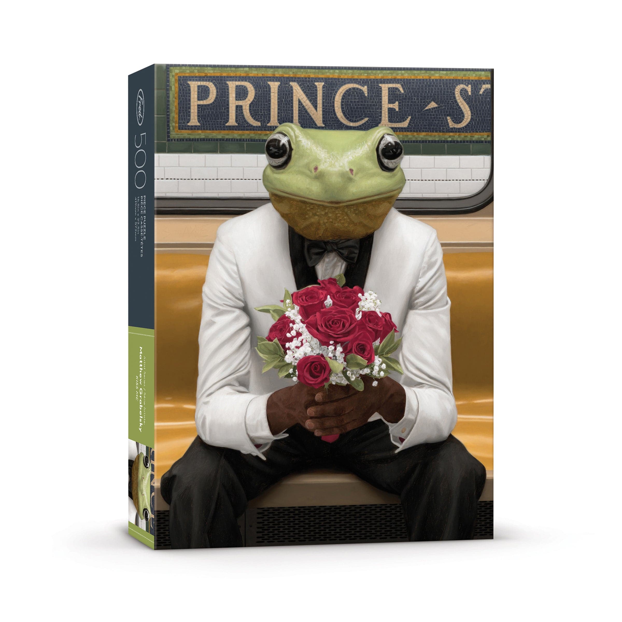A 500-piece jigsaw puzzle box with a frog man holding flowers on New York subway